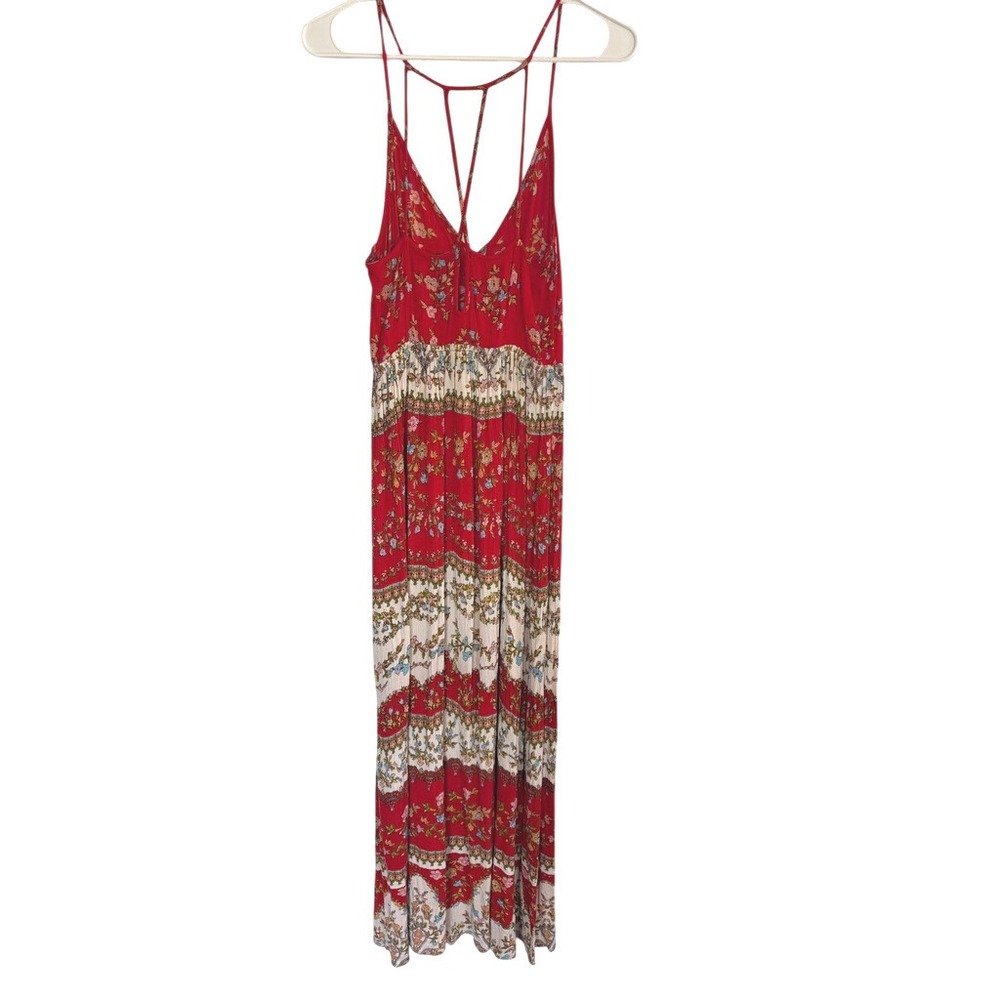 Patrons‎ of Peace Red Floral Strappy Back Maxi Dress boho festival lightweight L